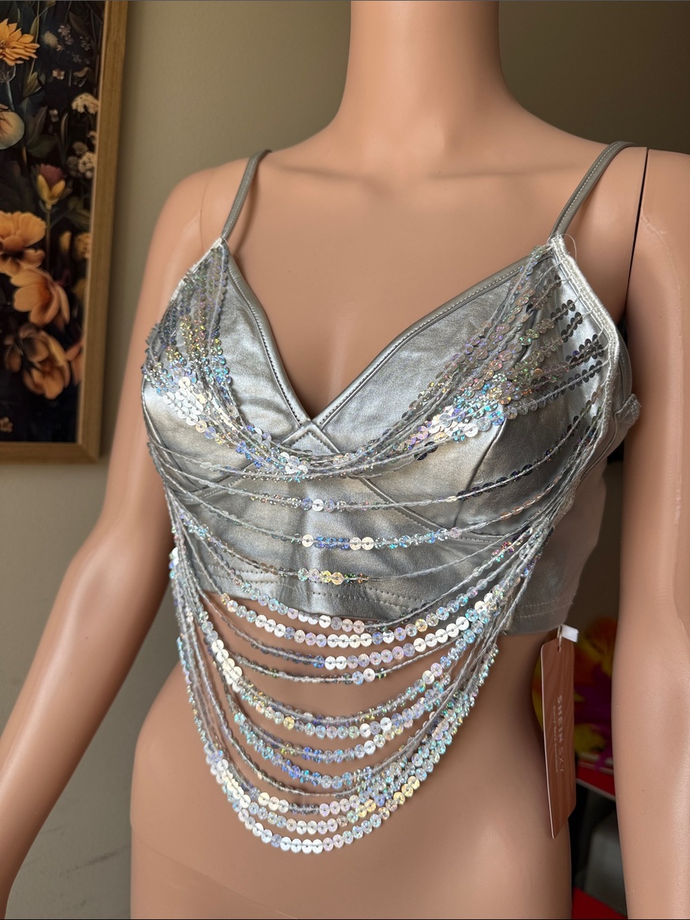 Metallic Silver Sequin Draped Bandeau Bralette - Women's Intimates